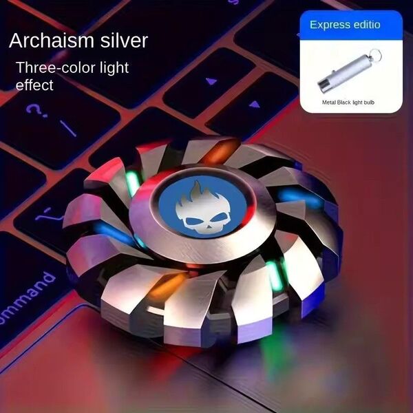 新品 蓄光スカルハンドスピナー コマ可キット付 シルバー 金属製フィジェットトイ