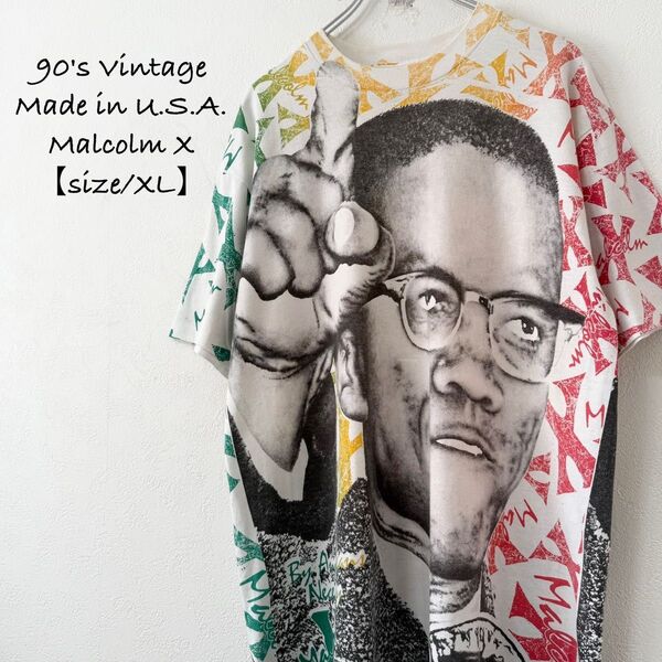 90s★USA製★ビンテージ★Malcolm X/マルコムX★総柄★半袖Tシャツ★黒×白×ラスタカラー★XL
