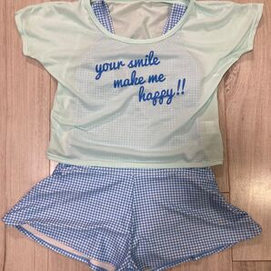 女の子 ミントグリーンと水色チェックの水着 150