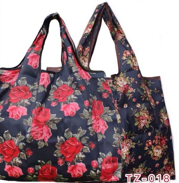 大きめのエコバッグ 折りたたみ 便利 買い物袋エコバック おしゃれ薔薇花柄2個セット プレゼント 大容量 超軽量 収納 レジバッグ