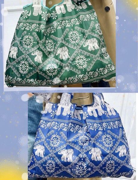 大きめのエコバッグ 2袋 折りたたみエコバック 象柄 プレゼント 買い物袋 男女兼用 便利 手提げ袋