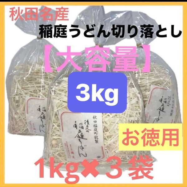 【大容量】秋田県稲庭町産 稲庭うどん 3キロ (1キロを3袋) 家庭用 お買得 産地直送 3kg 切り落とし 時間指定可能