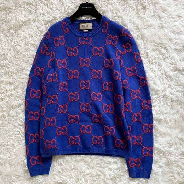 未使用級 GUCCI グッチ ニット 現行 GG柄 ネイビー Mサイズ 長袖 ウール