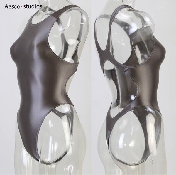 AECSO Tバック水着 ハイレグ 競泳水着 光沢 コスプレ衣装 ロゴあり ブラウン XLサイズ