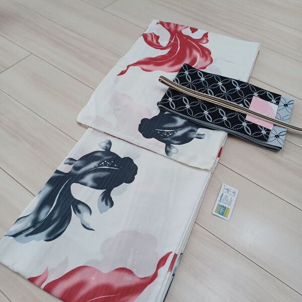 新品 呉服屋 吸水速乾!粋モダン金魚!大人上品な夏着物 浴衣3点セット