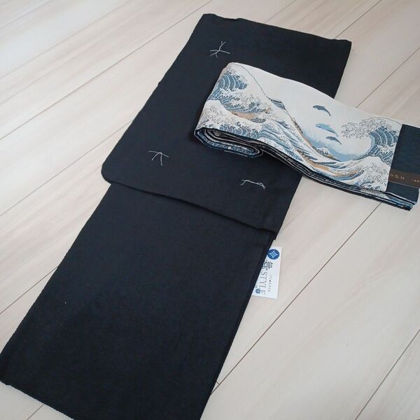 新品☆呉服屋♪綿しじら織!葛飾北斎風 粋な夏着物 浴衣セット