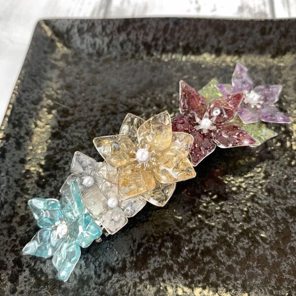 バレッタ ハンドメイド アパタイト ガーネット アメジスト シトリン ローズクォーツ ペリドット 天然石 さざれ石 レジン 花