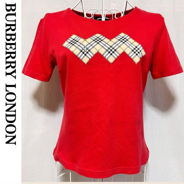 美品 バーバリー ロンドン Tシャツ カットソー トップス ノバチェック柄 半袖 半袖Tシャツ 赤 レッド
