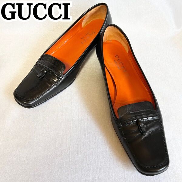 美品 GUCCI グッチ パンプス ヒール フラット ローファー 革靴 シューズ レザー 黒 ブラック