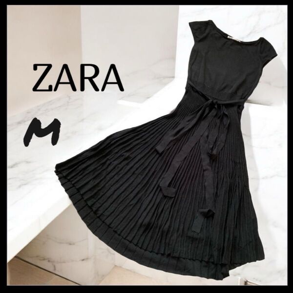 ビスコース混 ZARA ザラ フレンチスリーブロングワンピース M ブラック プリーツスカート