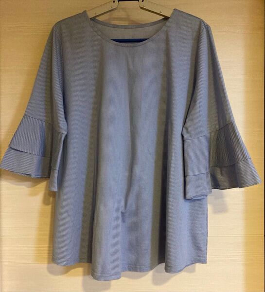 ◆再値下げ◆【noa-ge】ノアジェ 袖フリルTシャツブラウス 水色ストライプ サイズL