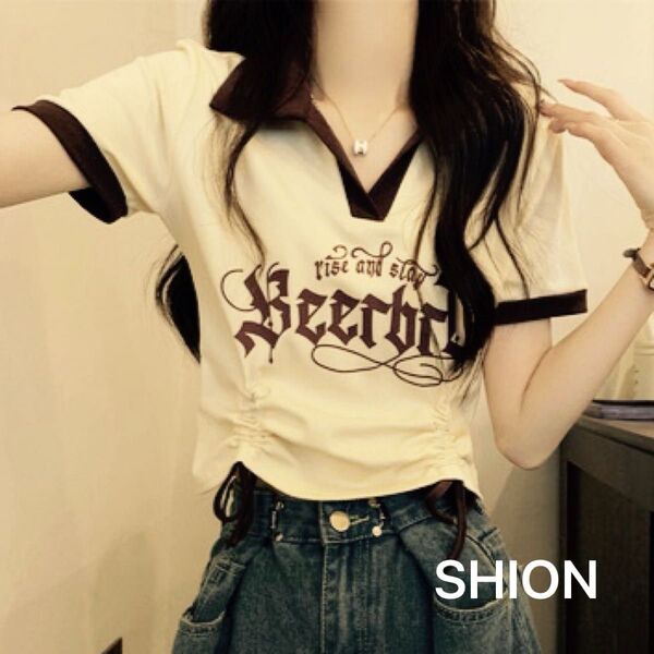 【セール】韓国Y2K 襟返し クロップドTシャツ ドロスト 小顔見せ トップス レディース 人気 体型カバー ハイウェスト M