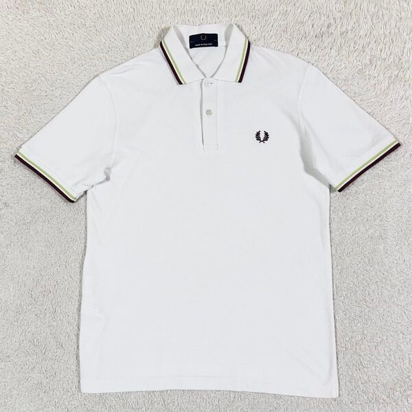 美品/FRED PERRY フレッドペリー 半袖 鹿の子 ポロシャツ M12 刺繍ロゴ ティップライン ホワイト 白 38 M位