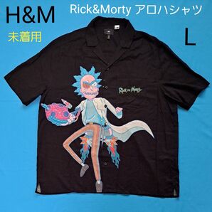 H&M リックアンドモーティ アロハシャツ 半袖 開襟 シャツ L 黒 イラスト プリント Rick&Morty エイチアンドエム