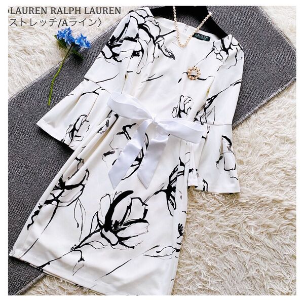 美品 LAUREN RALPH LAUREN ラルフローレン 花柄 リボン ストレッチ フレアワンピース 手洗い可 フレアスリーブ