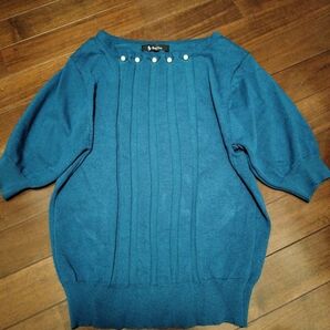 半袖ニット パール付き ターコイズブルー