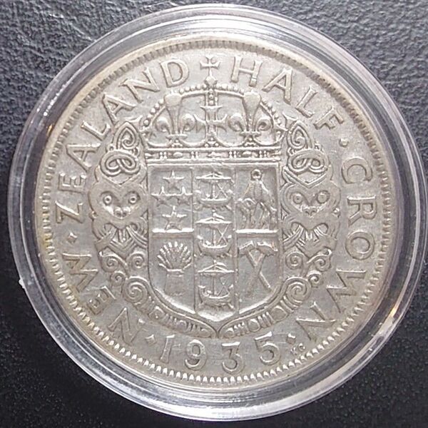 1935年 ニュージーランド銀貨 ハーフクラウン ジョージ5世 国章銀貨