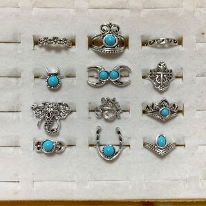 リング 12個セット まとめ売り ターコイズブルー シルバー 色アクセサリー