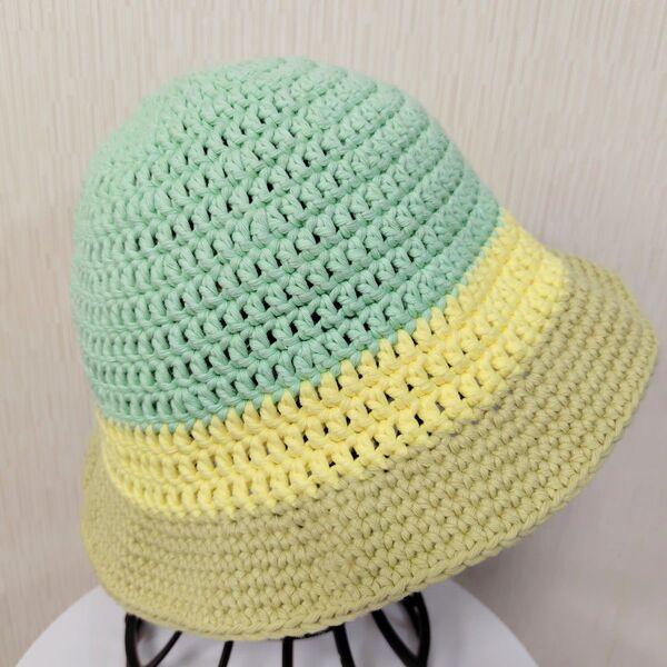 【春夏用】さわやかコットン帽子(グリーン系)|ハンドメイド 手編み ニット帽 帽子 毛糸 可愛い サマーハット
