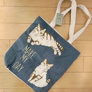 ☆猫柄 トートバッグ ネイビー ☆MAKE MY DAY ファスナー付き☆ネコ イラスト