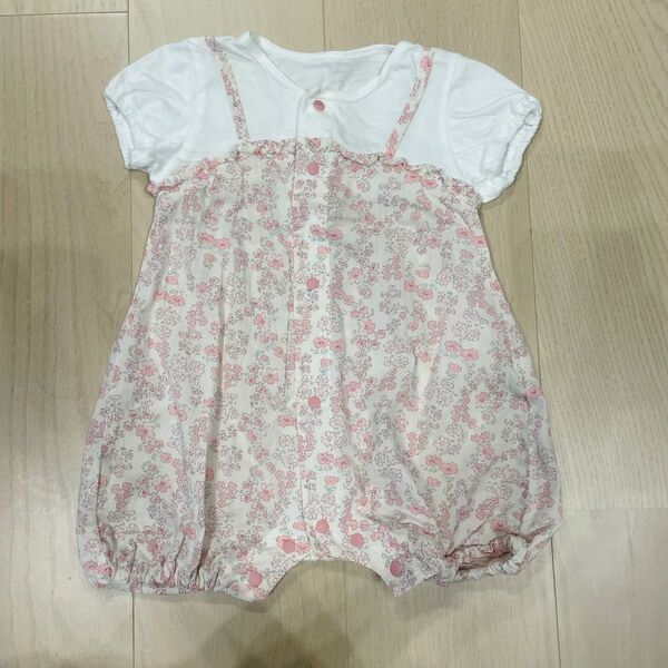 花柄ロンパース(ピンク系) 60-70cm ロンパース 半袖 ベビー服 ピンク 70㎝ 女の子 子供服
