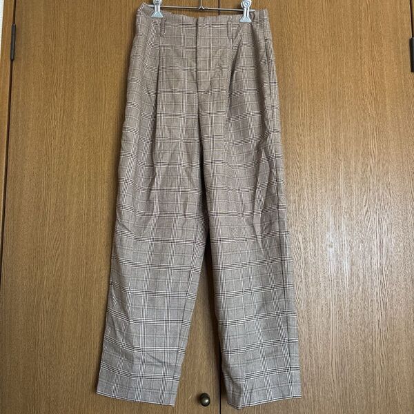 パンツ ボトムス スラックス スラックスパンツ ワイド チェック ベージュ ブラウン L
