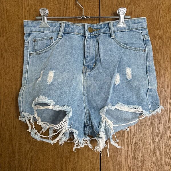 ブルー ジーンズ デニム ショートパンツ コットン 短パン アメリカ古着 ダメージ M