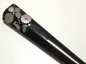 アンティーク 木製 漆塗り 螺鈿 5.5g 菊花細工 笄【検/簪/かんざし】