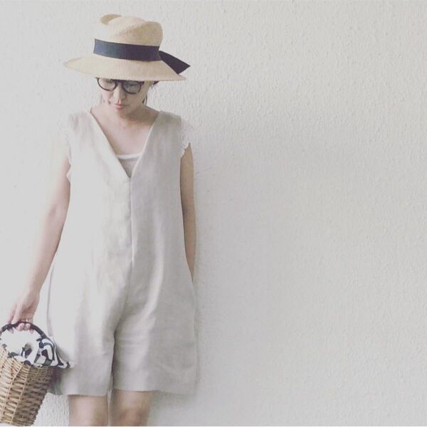 リネン オールインワンショートパンツ ノースリーブ ベージュ ito fukuoka オードリー ハンドメイド服