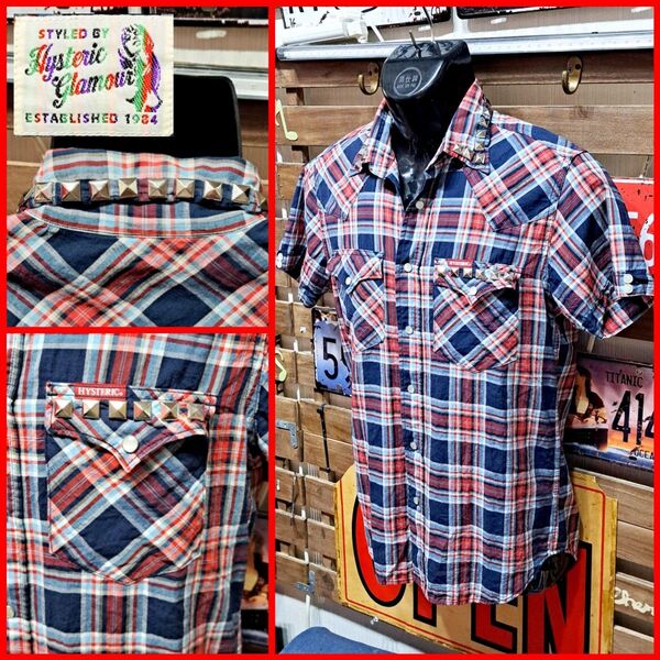 HYSTERIC GLAMOUR ヒステリックグラマー リネン混 麻 スタッズ 半袖 ウエスタン チェックシャツ M