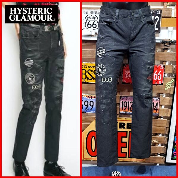 HYSTERIC GLAMOUR ヒステリックグラマー スタッズ ワッペン リペア加工 転写 ブラックデニム M