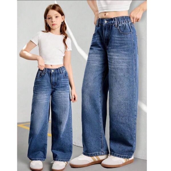 SHEIN ティーンガール ビンテージ ワイドレッグジーンズ ストレート デニムパンツ ダークウォッシュ