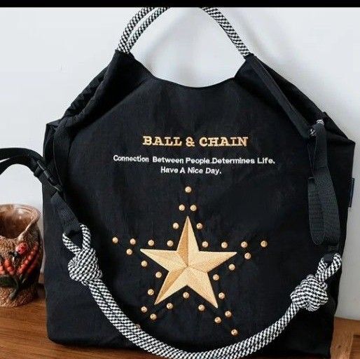 0972 刺繍ナイロン トートバッグ エコバッグ Mサイズ スター柄 ショルダーベルト付 ブラック