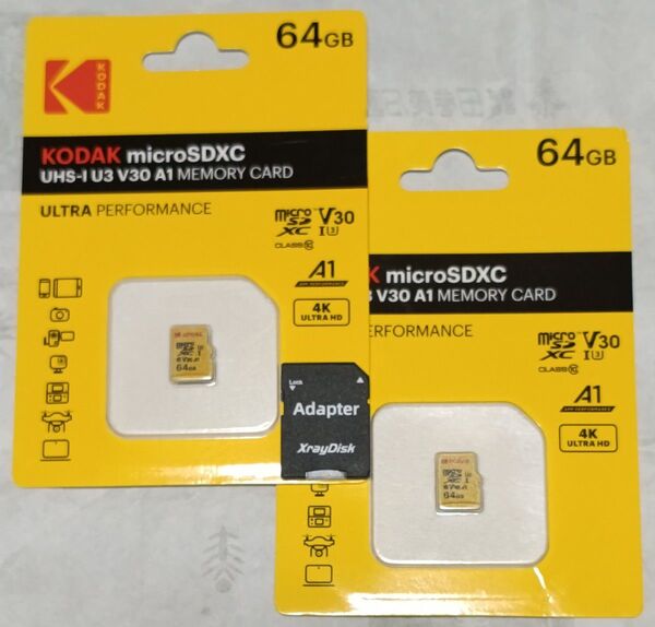 KODAK Micro SD メモリーカード 64GB 2枚 & SDアダプター【黄2枚組ラスト】