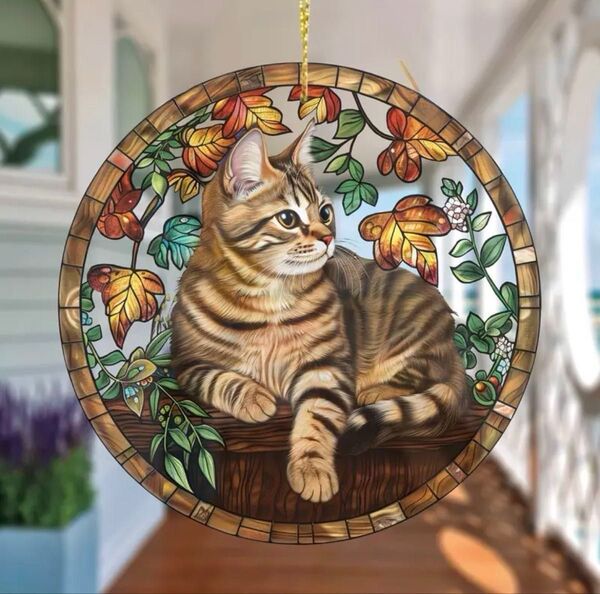 【新品】アクリル サンキャッチャー ステンドグラス風 インテリア雑貨 猫 キジ猫 ミニサイズ