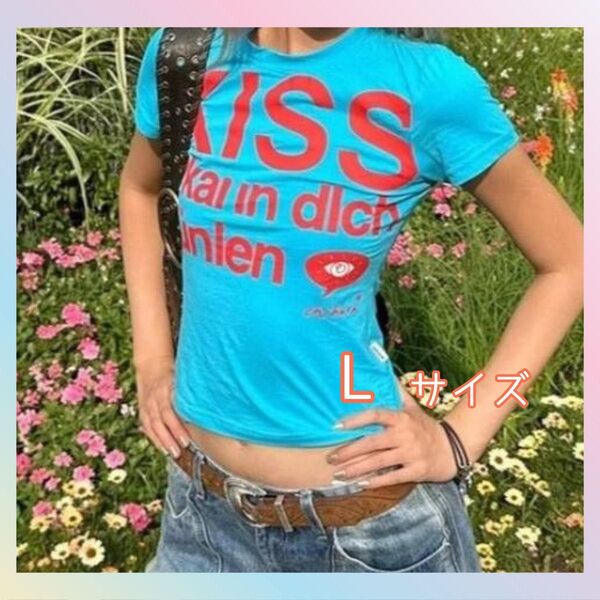 Tシャツ 青 L Y2K 平成 チビT ピチT 半袖 英字Tシャツ グランジ 平成ギャル