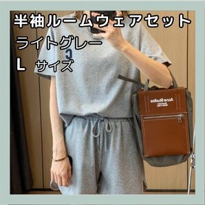 ルームウェア 半袖 セットアップ ショートパンツ L ライトグレー パジャマ スポーツ 部屋着 ラフ