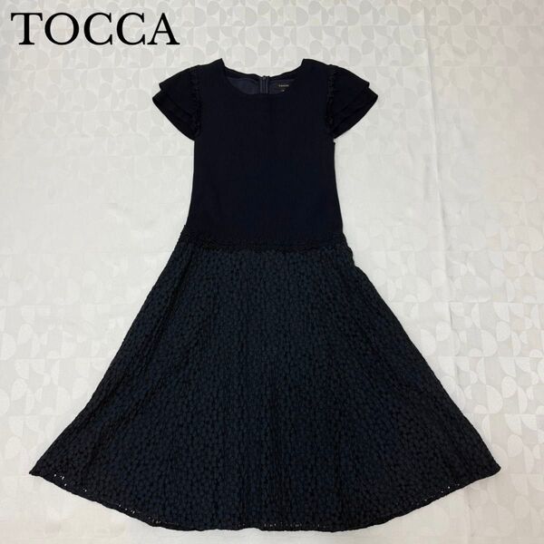 TOCCA トッカ ニット レース ドッキングワンピース フレア フリル フラワーモチーフ 半袖 ネイビー M
