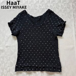 HaaT ISSEY MIYAKE ハートイッセイミヤケ シワ加工 ドット VネックTシャツ カットソー ネイビー サイズ2