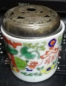 中国　清代　赤絵香炉　銀蓋　茶具　茶道具　煎茶　古伊万里