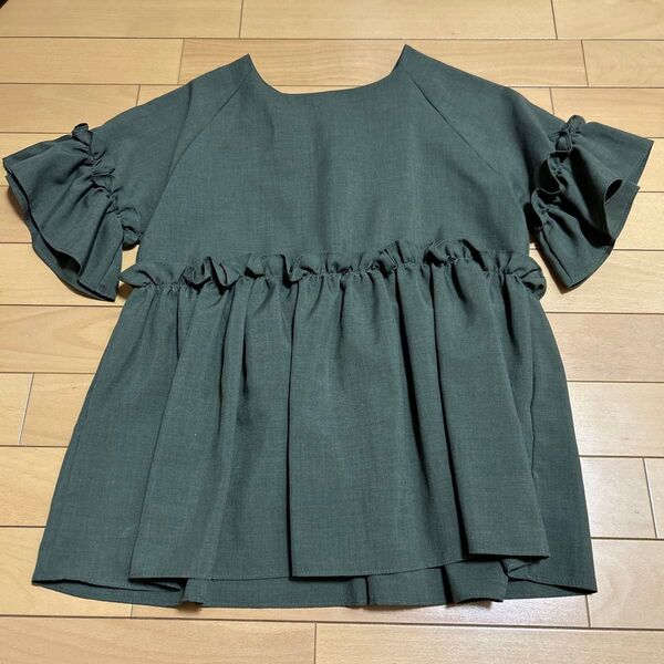 USED美品TREFLEカーキフリルブラウスMトラフル半袖カットソーTシャツ