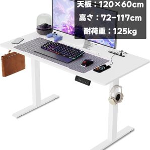 ゲーミングデスク パソコンデスク 白 電動 昇降式デスク USB コンセント付き ワークデスク 机