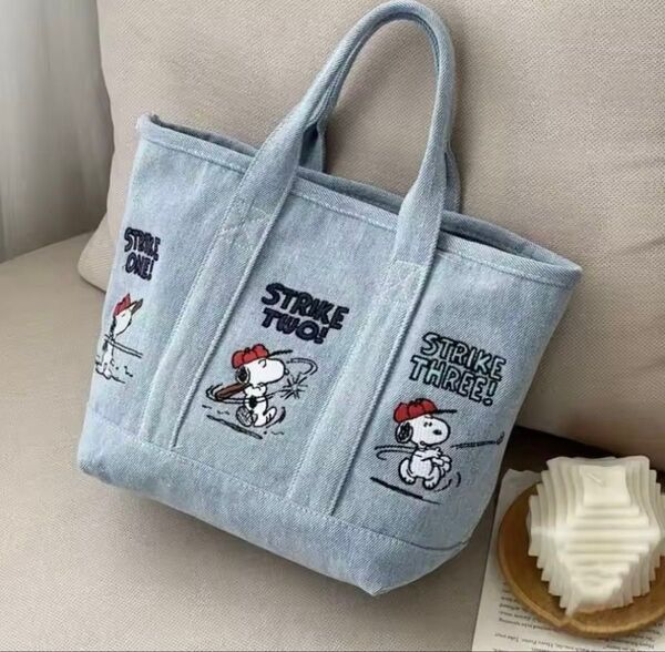 【新品】スヌーピー 刺繍バック デニムトートバッグ ミニバック 刺繍トートバッグ 野球 野球スヌーピー