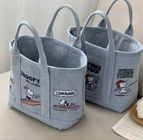 【新品】2個セット スヌーピー 刺繍バック デニムトートバッグ ミニバック 刺繍トートバッグ サーフィン 野球 セット売り
