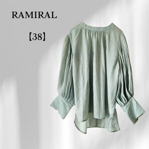 値下げました♪RAMIRAL|バルーン×プリーツ袖ブラウス/淡水色グリーン/きれいめ×大人フェミニン トップスオフィス バルーン袖