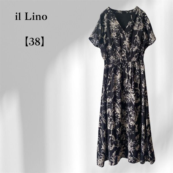 il Lino|Vネック花柄ワンピース/ブラック×ベージュ/半袖/サイズ38/ウエストゴム/ロング丈 デート 上品 きれいめ華やか
