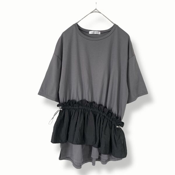 【RAW FUDGE】異素材フリル切替Tシャツ Lサイズ|グレー/綿×ナイロン/絞り調整可◎カットソー トップス 半袖 夏コーデ