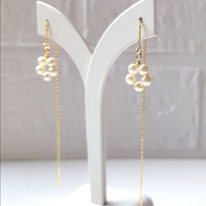 121.ハンドメイドピアス パール リング アメリカンピアス ロング 14Kgf 24kgp
