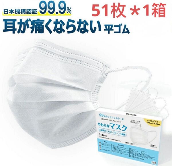 不織布 マスク cicibella シシベラ 大容量 51枚×1箱 ホワイト 大人用 耳が痛くならない 小顔 三層構造 プリーツ
