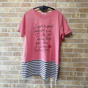 レディース Tシャツ チュニックTシャツ ボーダー柄 装飾プリント ラインストーン M ピンク ストレッチ